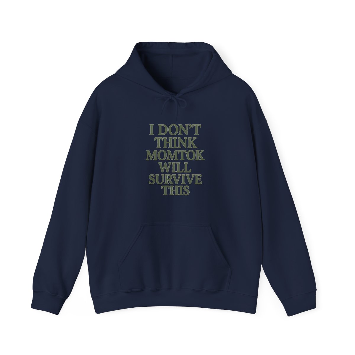 A beige hoodie with a green text print on the back that reads "I don't think momtok will survive this". - alternate angle 2, merchandise