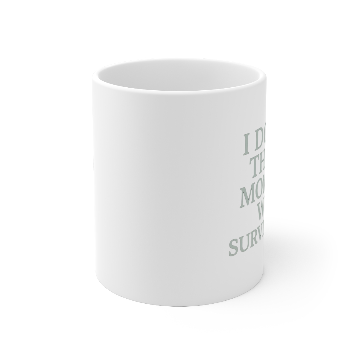 White ceramic mug with a purple interior, handle, and accent. The mug features the text "I DON'T THINK MOMTOK WILL SURVIVE THIS" in a green-gray font. The mug is on a white surface. - alternate angle 1, merchandise