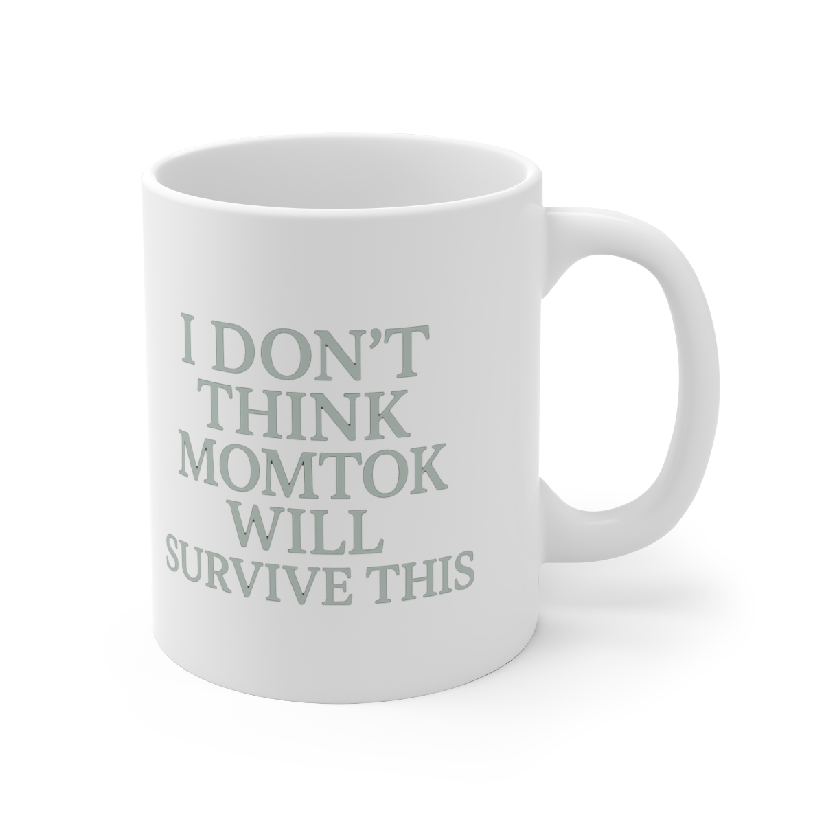 White ceramic mug with a purple interior, handle, and accent. The mug features the text "I DON'T THINK MOMTOK WILL SURVIVE THIS" in a green-gray font. The mug is on a white surface. - Official Mugs & Drinkware merchandise